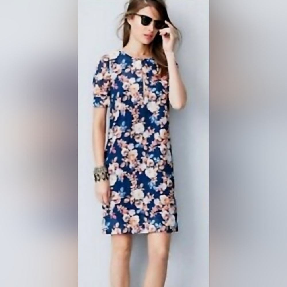 J. Crew 100% Silk Antique Floral Short Sleeve Shift Dress Blue Lined Size 10 - Picture 5 of 15